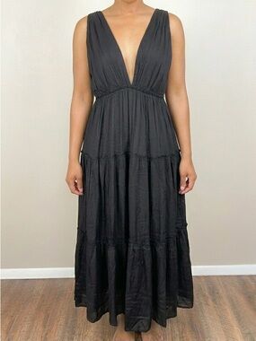 NWT Raviya Black Tiered Rayon Crepe Maxi Dress Deep V-Neck Sz Large Boho Casual